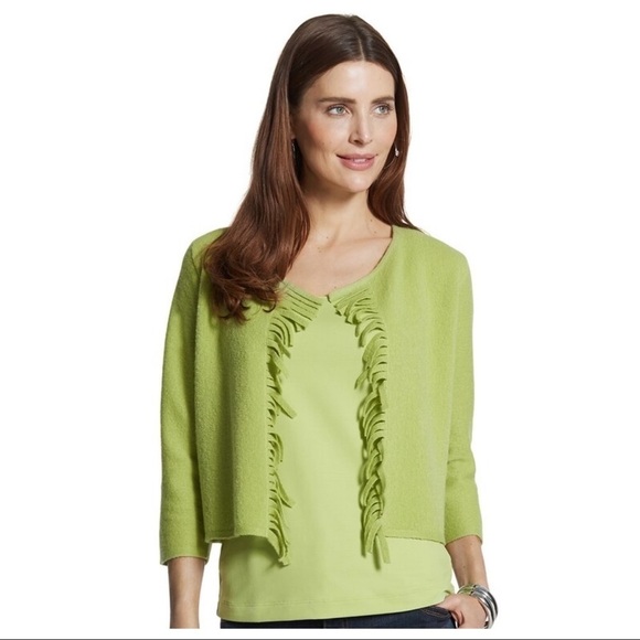 NWT. Chico’s Wool Flora Fringe Cardigan. Size 1. - Picture 1 of 8